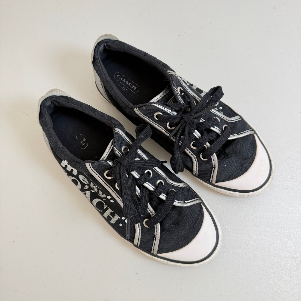 Coach VTG Barrett Black Canvas Signature Graphic Sneakers Silver Trim W 8 B - Picture 2 of 9